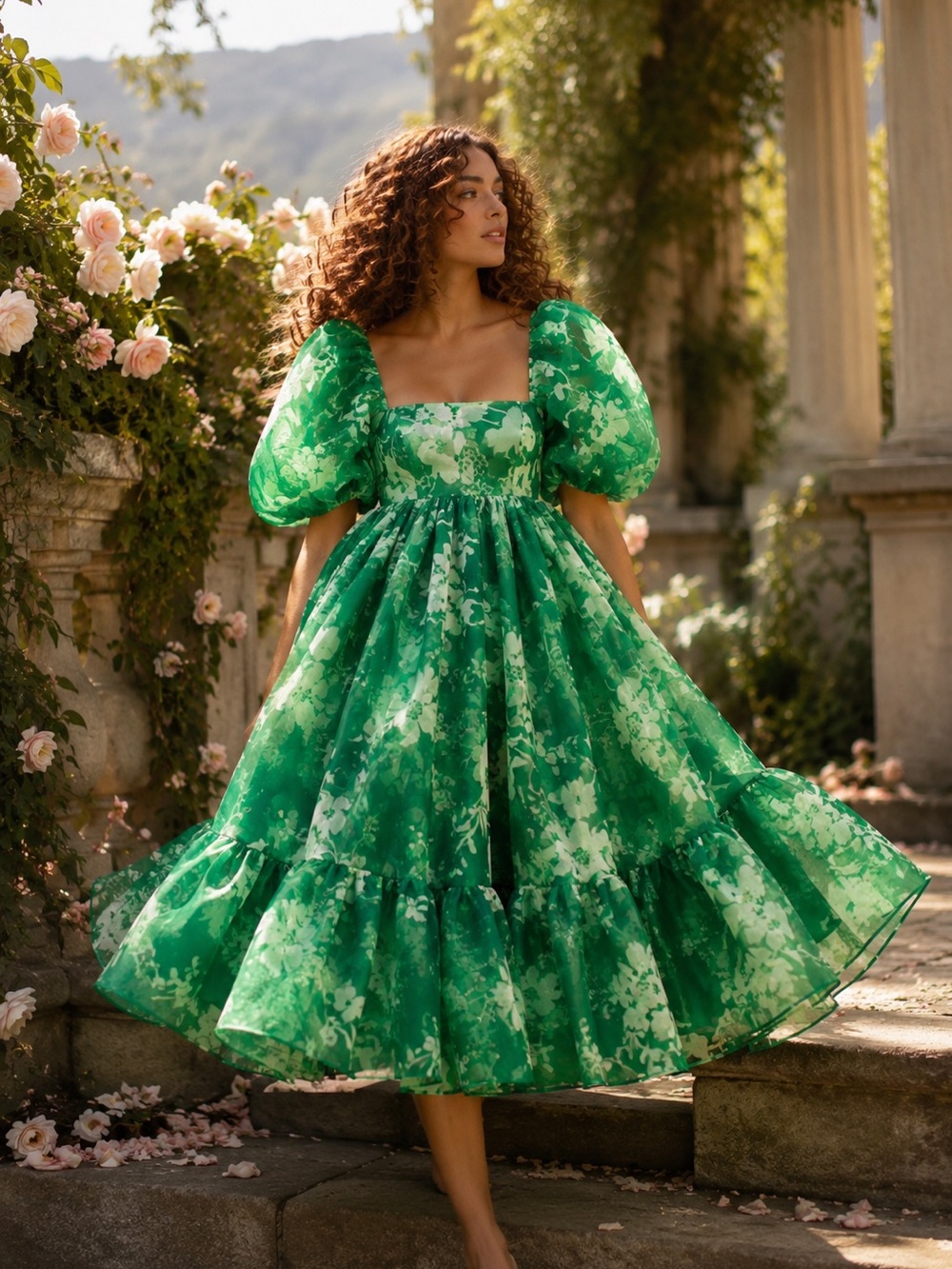 NWT Selkie Green Floral Puff-Sleeve Midi Dress